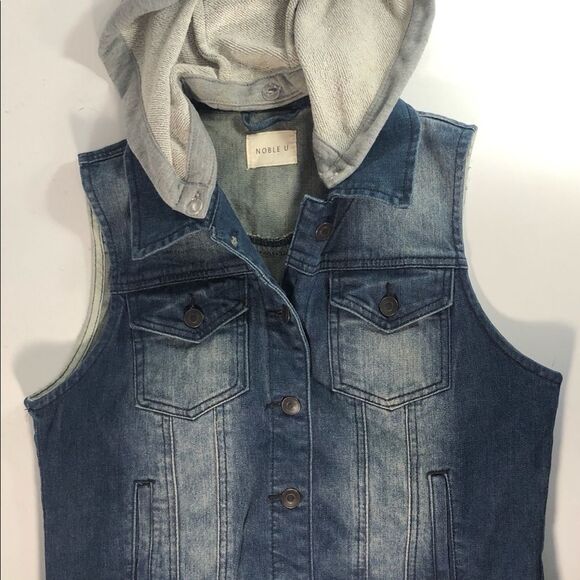 Denim Vest- Hoodie Women’s Noble U Jean Jacket-Size L - Picture 1 of 7